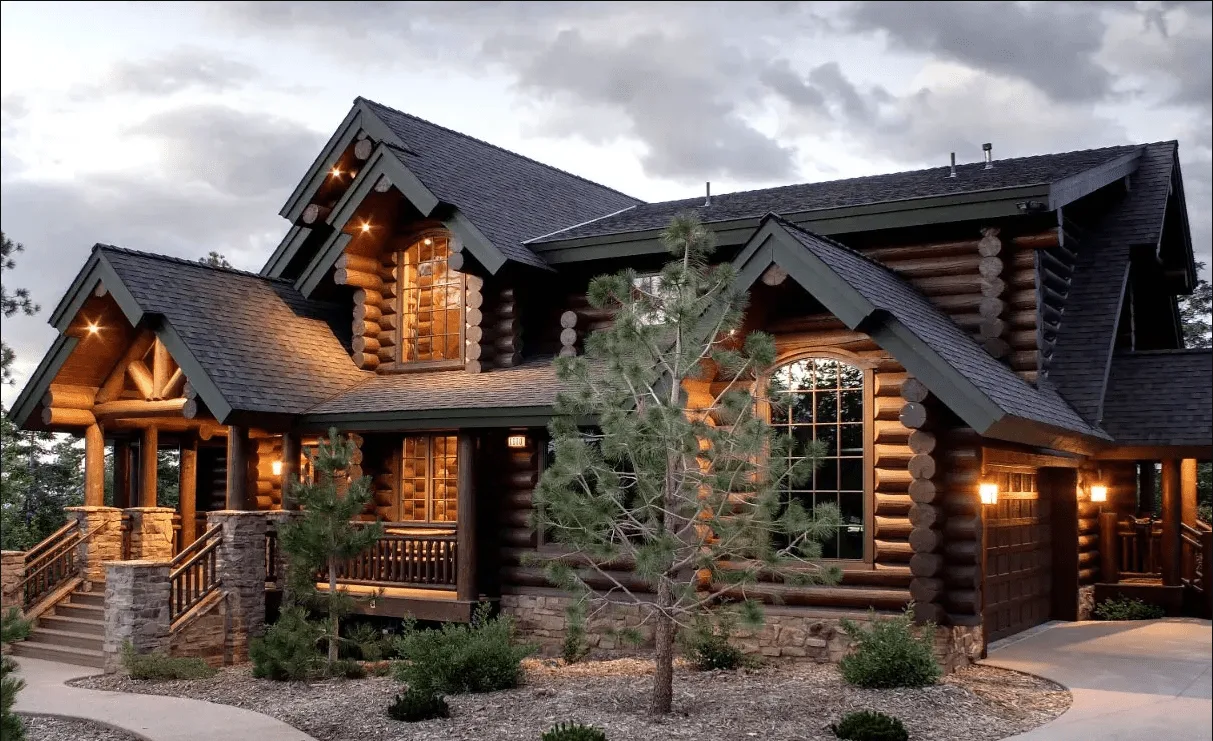 Finished two-story log home at dusk, its porch and windows lit, with dark-stained log walls, stone-faced porch piers and young pines in the front beds